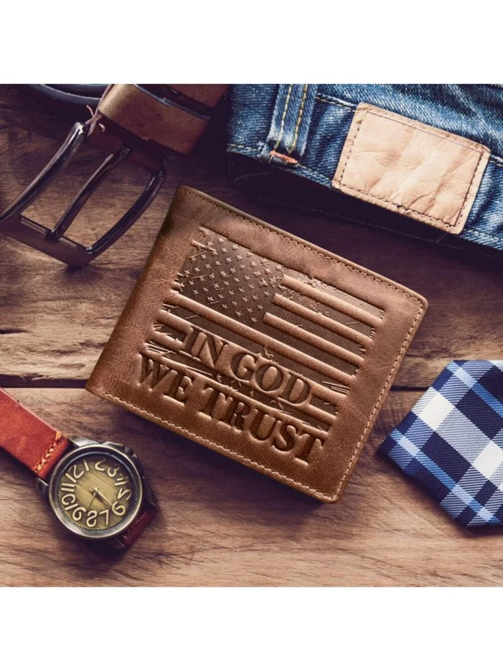 American Flag Bifold Wallet for Men, 'IN GOD WE TRUST', Stylish & Durable Design